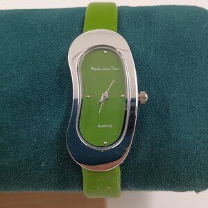 Main Line Time Green Face & Band Silver tone Oval Shaped Watch